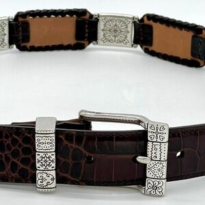 Brighton Women's Brown Leather Belt w Mosaic Silver Conchos Love Size ML 34"